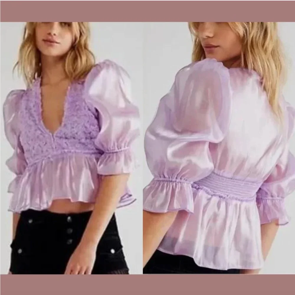 NEW Free People Faye Lavender Floral Top in Dramatic Combo [ Small‎ ] #6199